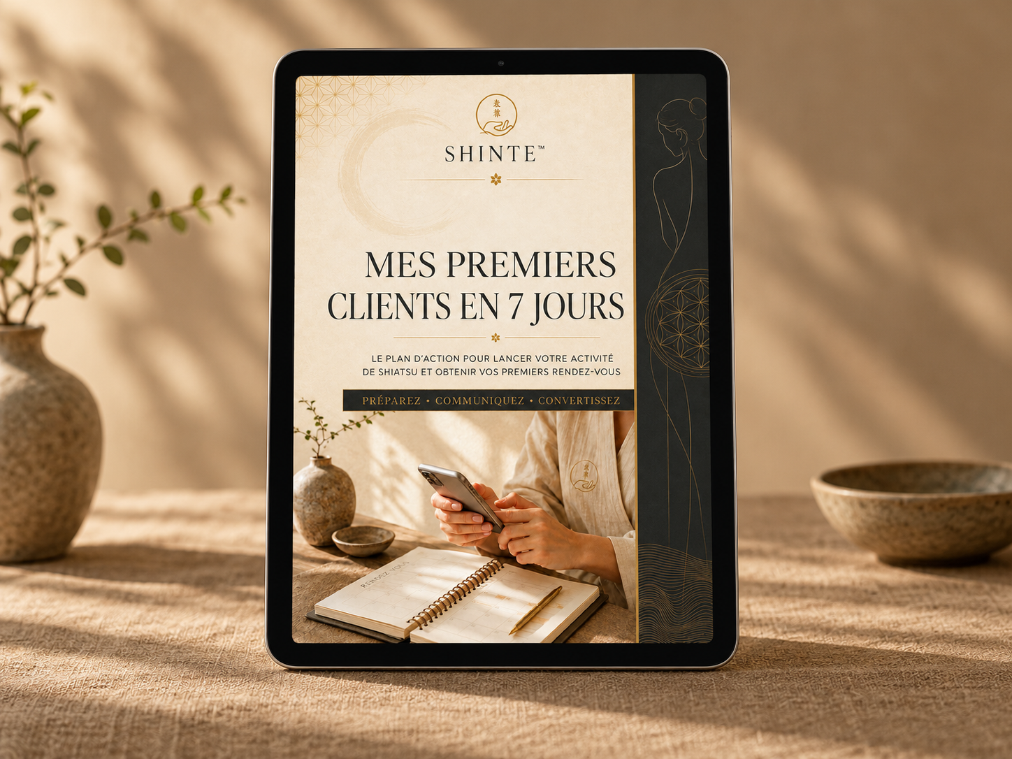 Guide Mes premiers clients en 7 jours présenté sur une tablette