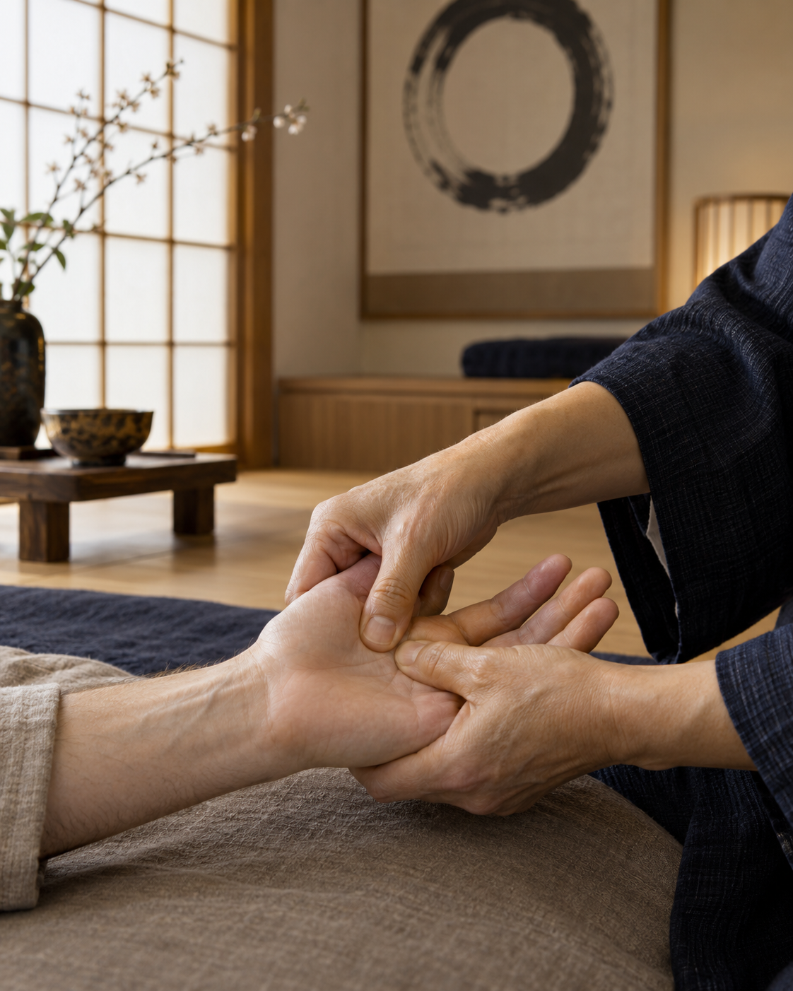Pression contrôlée appliquée sur la main lors d’une séance de Shiatsu